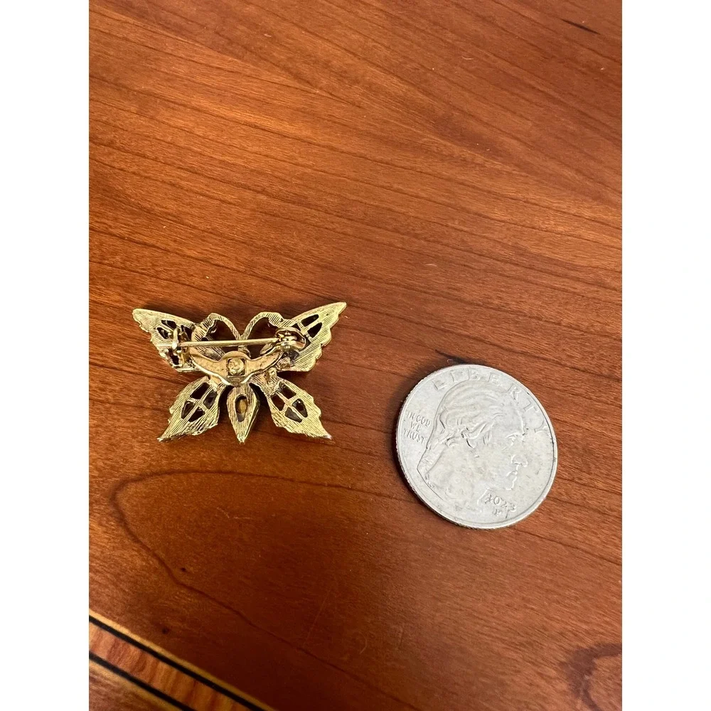 Vintage Gold Tone Butterfly Brooch Faux Pearl Turquoise Red Rhinestone Pin